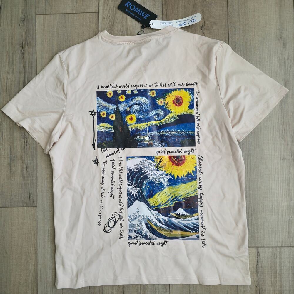 Romwe Street Life & Sunflower Print Crewneck Short Sleeve Shirt Men Sz M